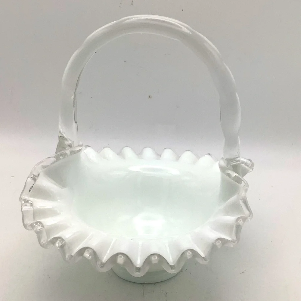 Vintage Fenton White Milk Glass Ruffled Edge Handled Basket
